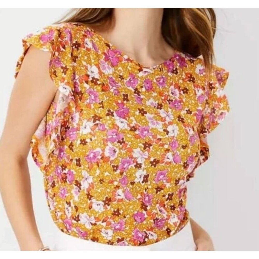 Ann taylor Linen Blouse Women Small Floral Orange Pink 70s Summer Cottagecore